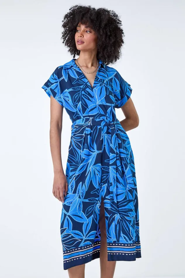 Women Royal Blue Border Leaf Print Midi Dress Roman Dresses