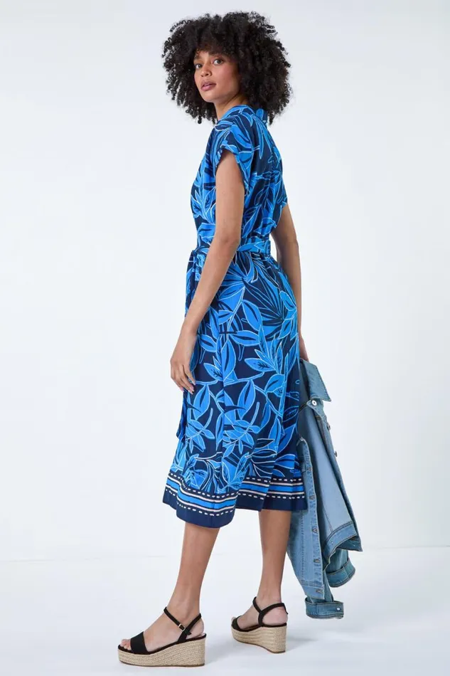 Women Royal Blue Border Leaf Print Midi Dress Roman Dresses