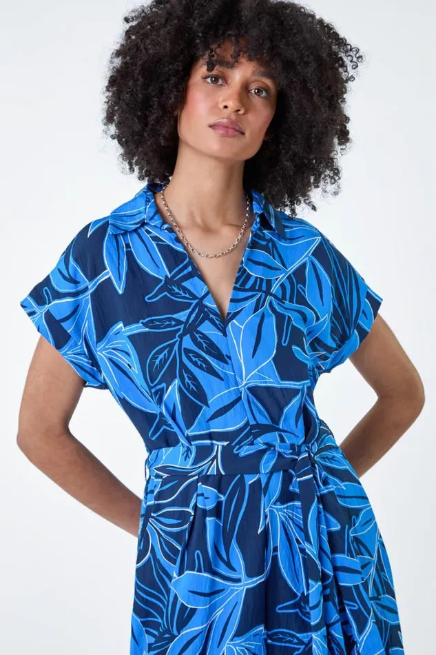 Women Royal Blue Border Leaf Print Midi Dress Roman Dresses