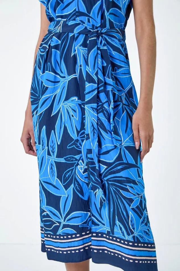 Women Royal Blue Border Leaf Print Midi Dress Roman Dresses