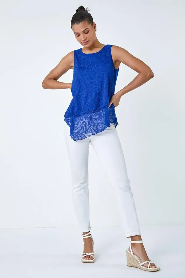 Women Royal Blue Burnout Swirl Print VNeck Asymmetric Top Roman Tops