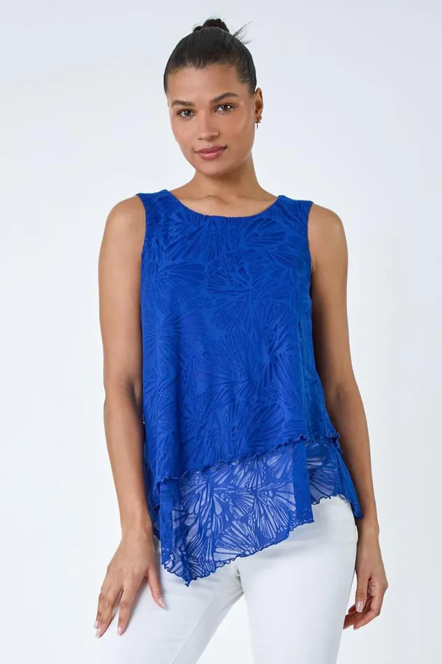 Women Royal Blue Burnout Swirl Print VNeck Asymmetric Top Roman Tops
