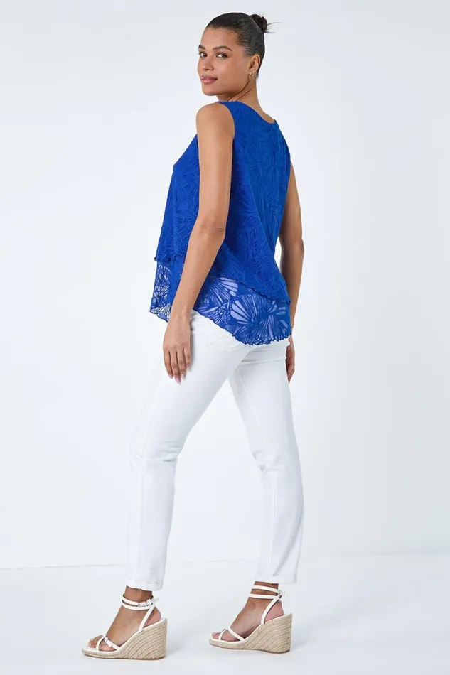 Women Royal Blue Burnout Swirl Print VNeck Asymmetric Top Roman Tops
