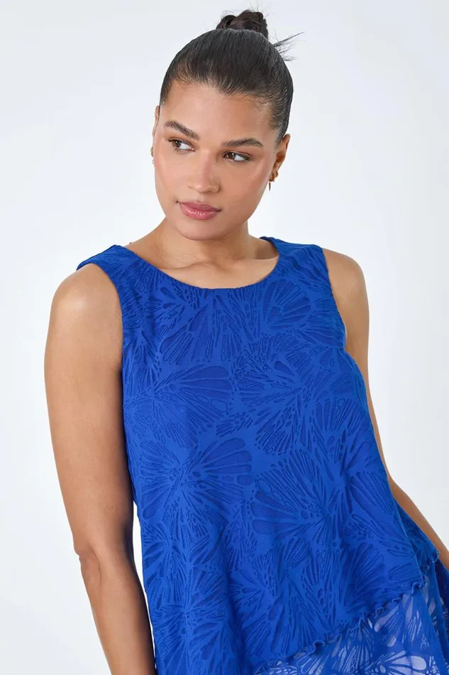 Women Royal Blue Burnout Swirl Print VNeck Asymmetric Top Roman Tops