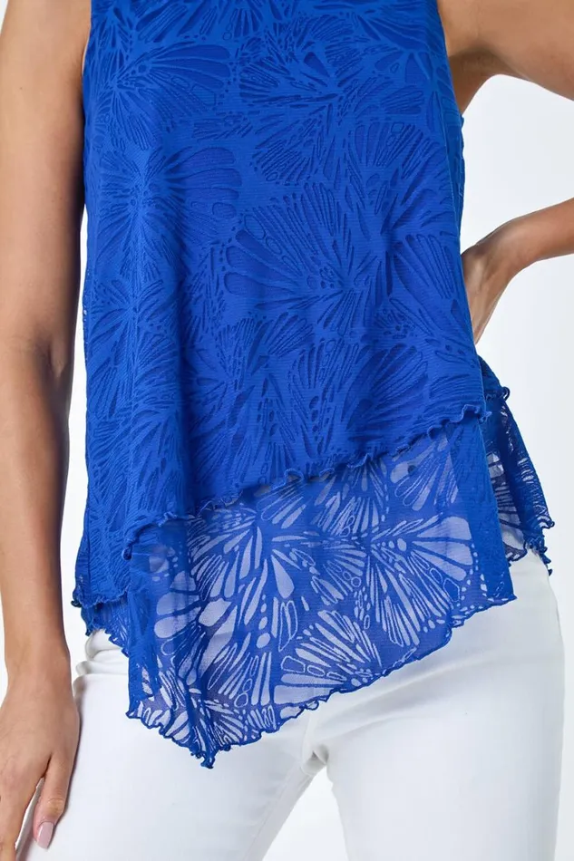 Women Royal Blue Burnout Swirl Print VNeck Asymmetric Top Roman Tops
