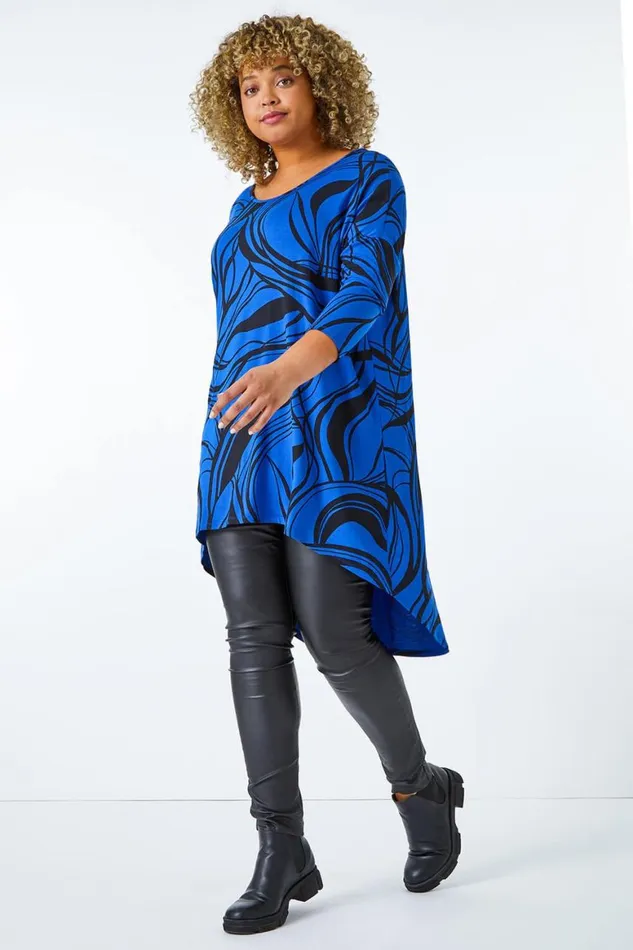 Women Royal Blue Curve Abstract Print Dip Back Hem Top Roman Tops