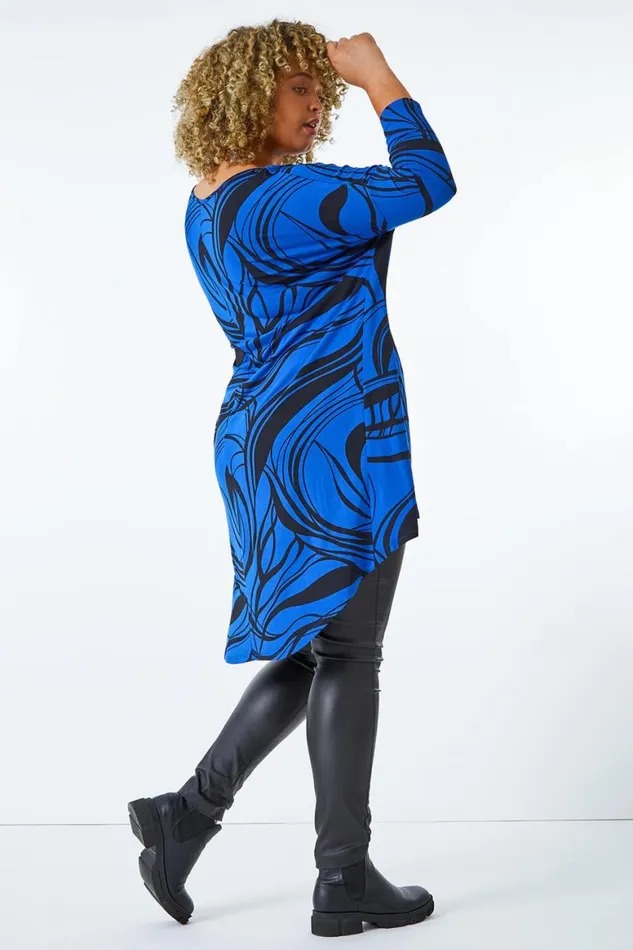 Women Royal Blue Curve Abstract Print Dip Back Hem Top Roman Tops