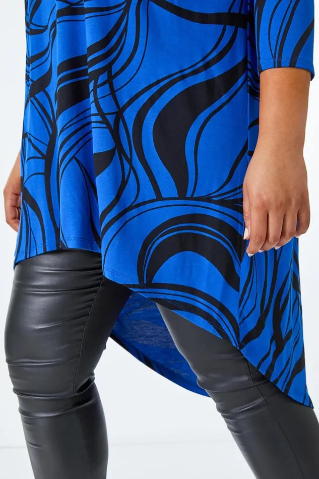 Women Royal Blue Curve Abstract Print Dip Back Hem Top Roman Tops