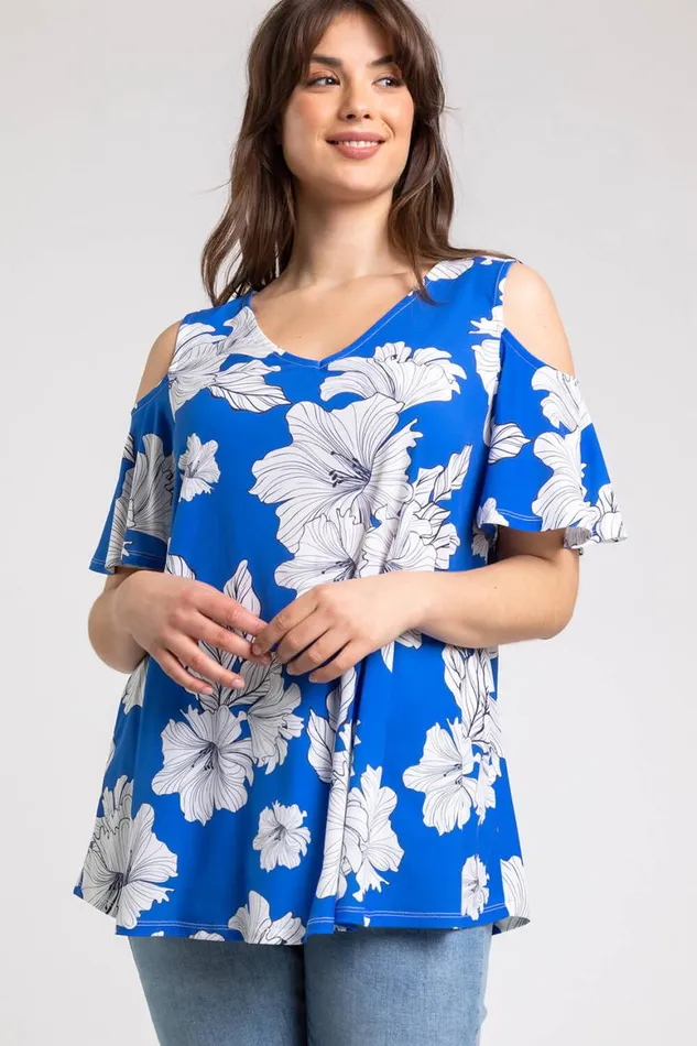 Women Royal Blue Curve Floral Print VNeck Cold Shoulder Top Roman Tops