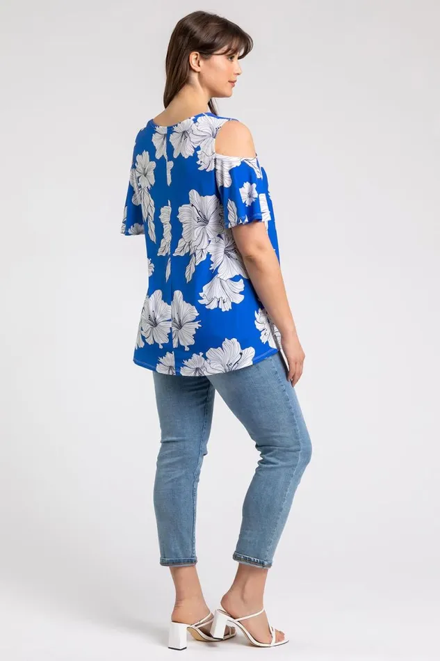 Women Royal Blue Curve Floral Print VNeck Cold Shoulder Top Roman Tops