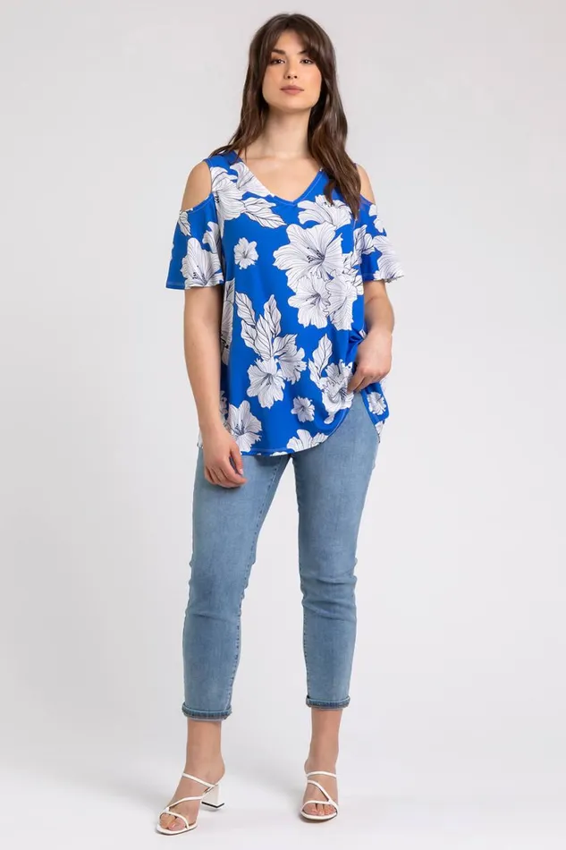 Women Royal Blue Curve Floral Print VNeck Cold Shoulder Top Roman Tops