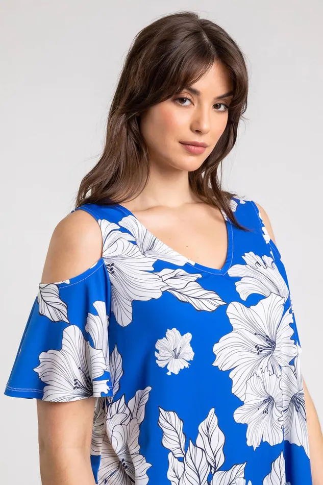 Women Royal Blue Curve Floral Print VNeck Cold Shoulder Top Roman Tops
