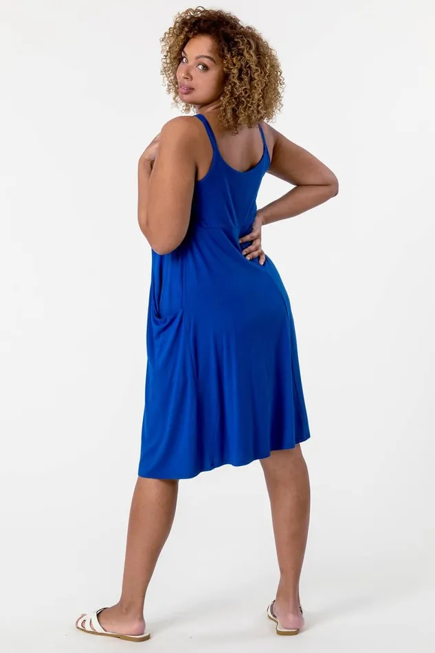 Women Royal Blue Curve Strappy Pocket Sun Dress Roman Dresses