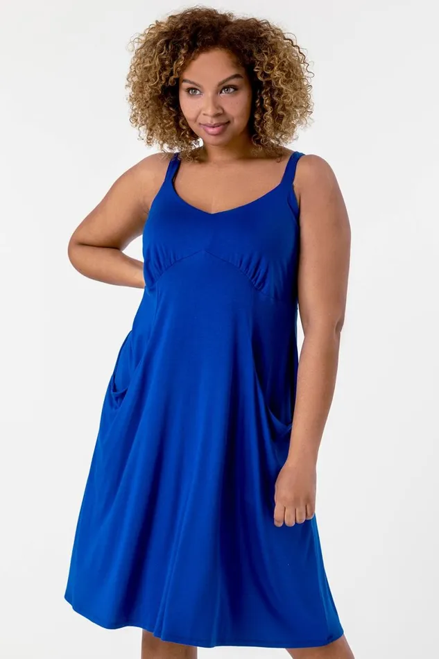 Women Royal Blue Curve Strappy Pocket Sun Dress Roman Dresses