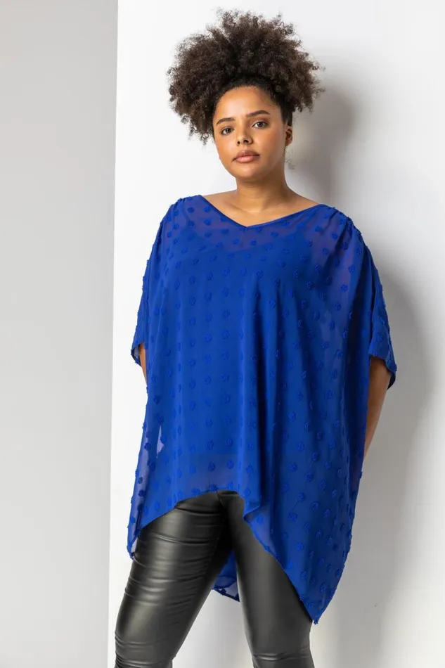 Women Royal Blue Curve Textured Spot Overlay Top Roman Tops