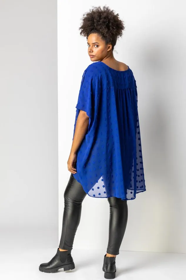 Women Royal Blue Curve Textured Spot Overlay Top Roman Tops