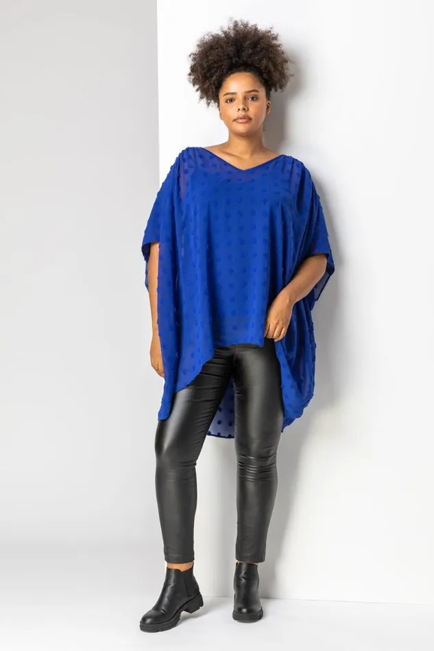 Women Royal Blue Curve Textured Spot Overlay Top Roman Tops