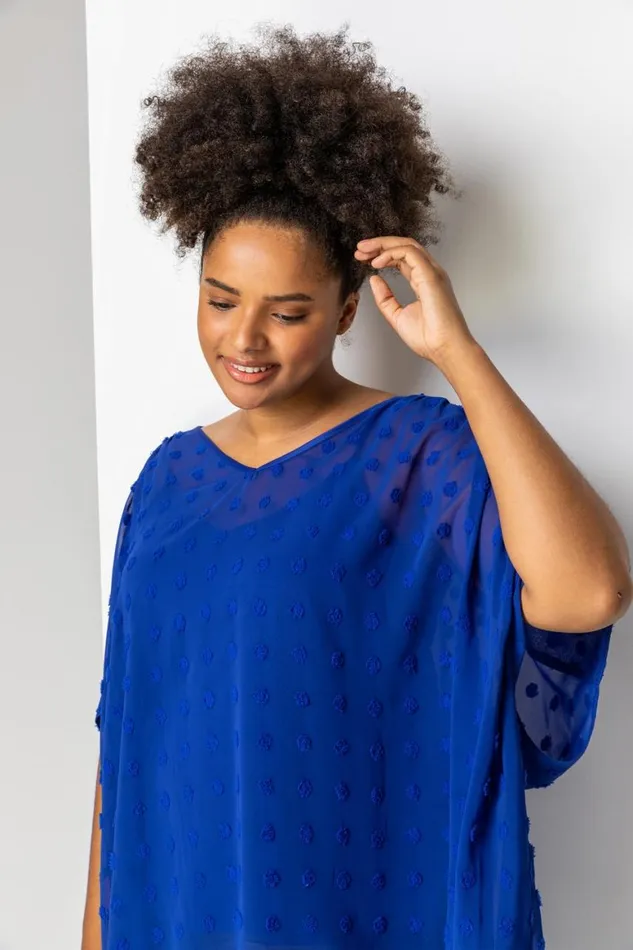 Women Royal Blue Curve Textured Spot Overlay Top Roman Tops