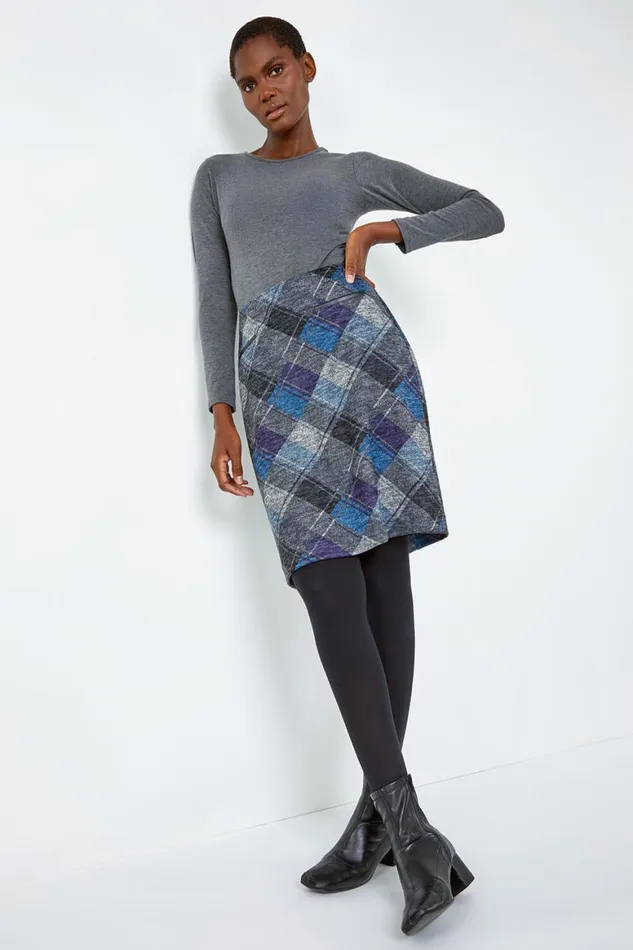 Women Royal Blue Elastic Waist Check Print Pocket A Line Skirt Roman Skirts