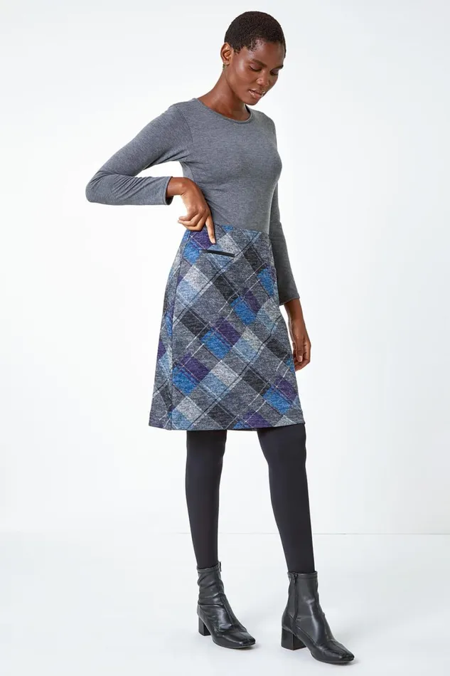 Women Royal Blue Elastic Waist Check Print Pocket A Line Skirt Roman Skirts