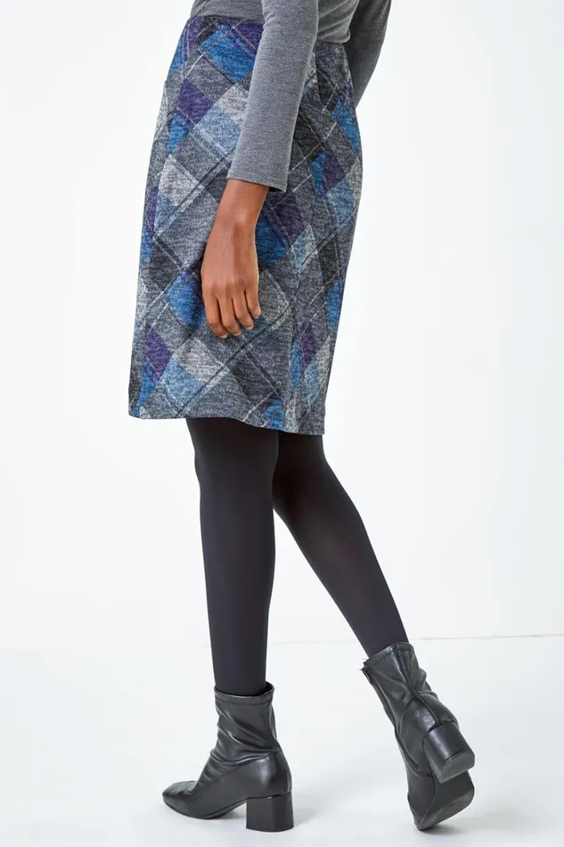 Women Royal Blue Elastic Waist Check Print Pocket A Line Skirt Roman Skirts