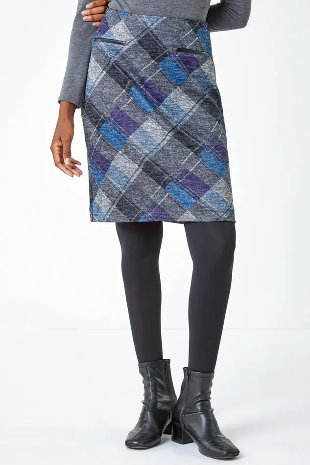Women Royal Blue Elastic Waist Check Print Pocket A Line Skirt Roman Skirts
