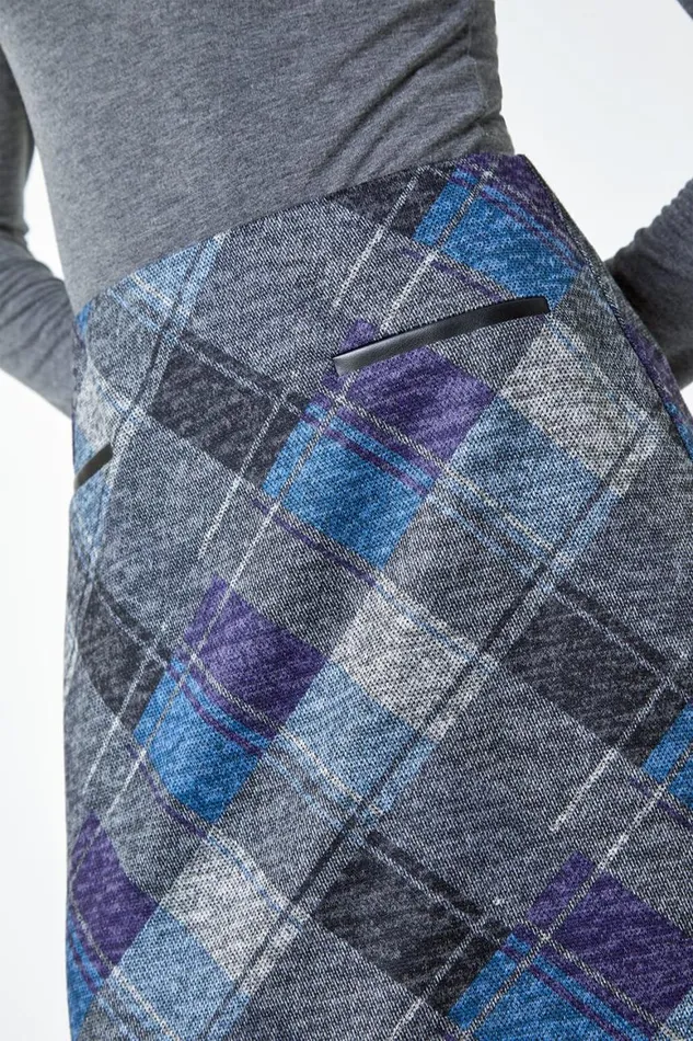 Women Royal Blue Elastic Waist Check Print Pocket A Line Skirt Roman Skirts