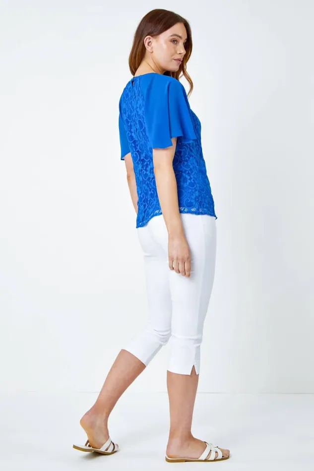 Women Royal Blue Lace Chiffon Sleeve Shell Top Roman Tops