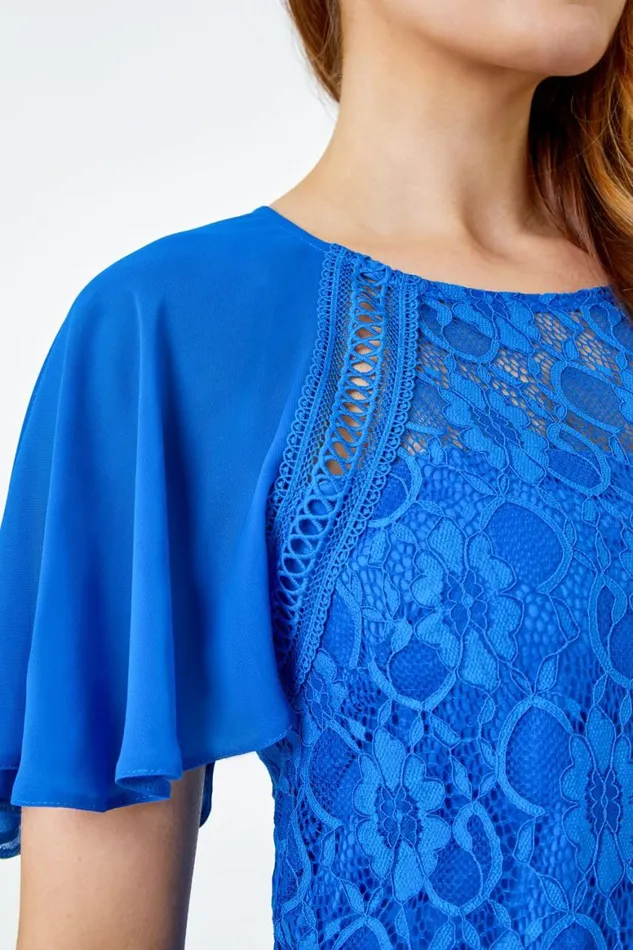 Women Royal Blue Lace Chiffon Sleeve Shell Top Roman Tops