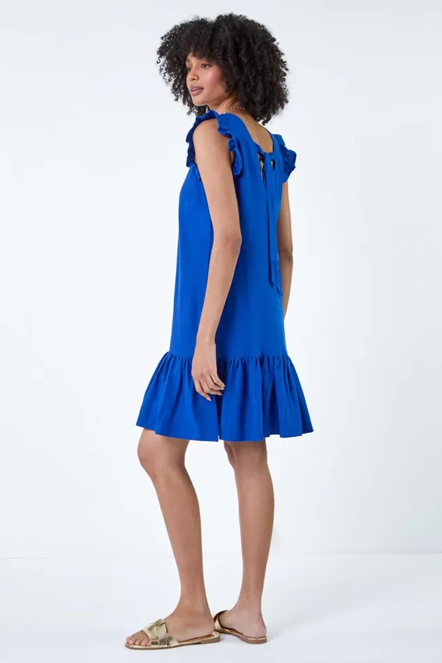 Women Royal Blue Linen Blend Frill Detail Dress Roman Dresses