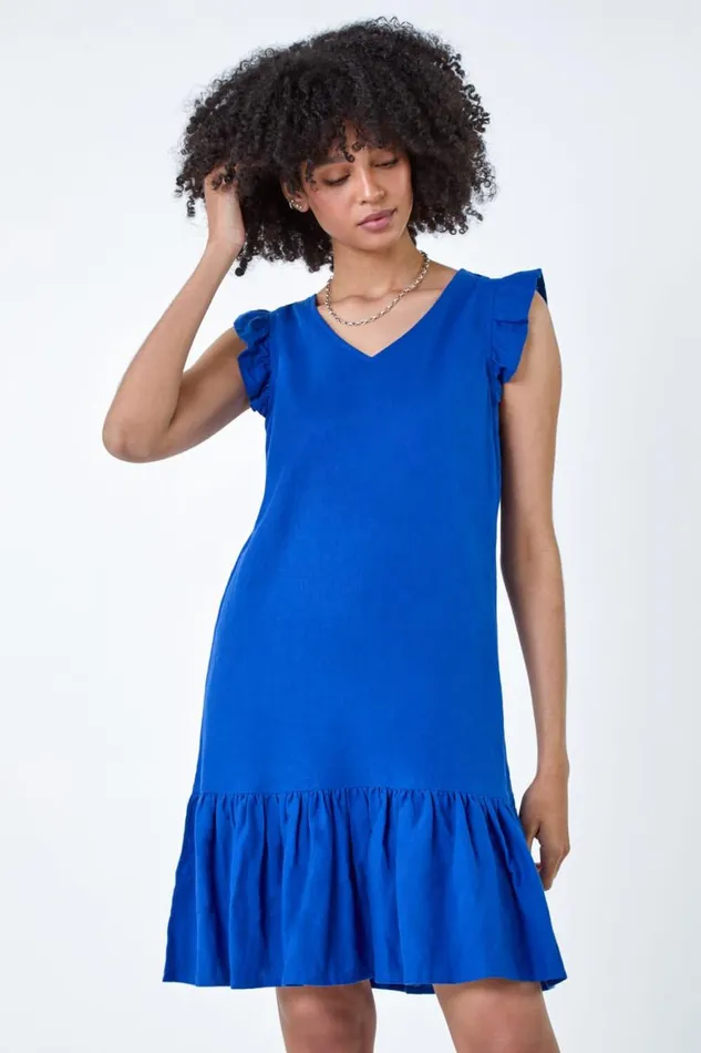 Women Royal Blue Linen Blend Frill Detail Dress Roman Dresses