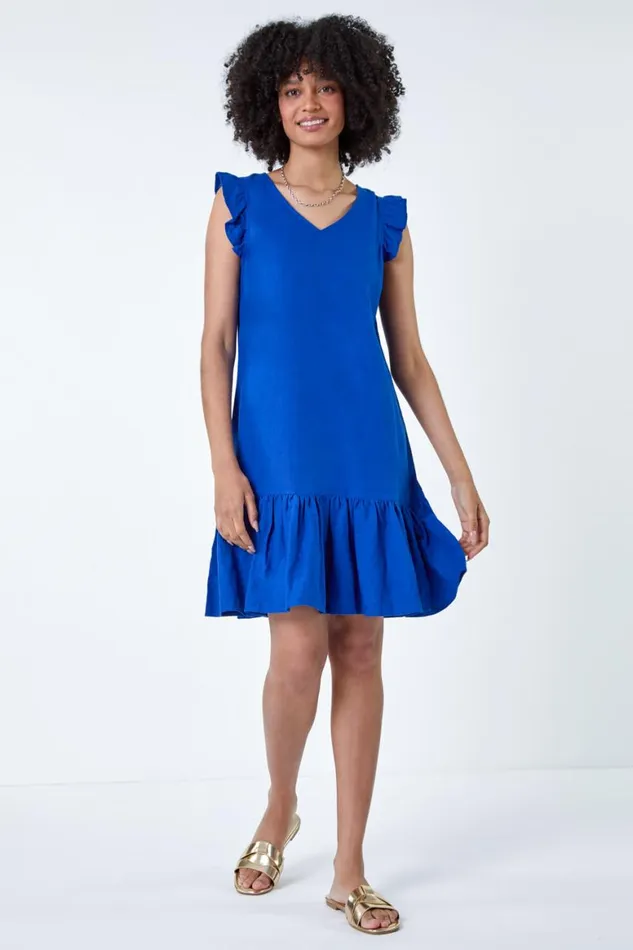 Women Royal Blue Linen Blend Frill Detail Dress Roman Dresses