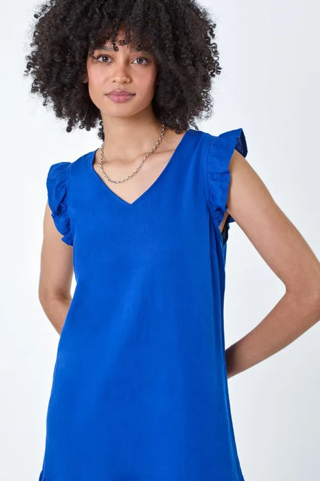 Women Royal Blue Linen Blend Frill Detail Dress Roman Dresses