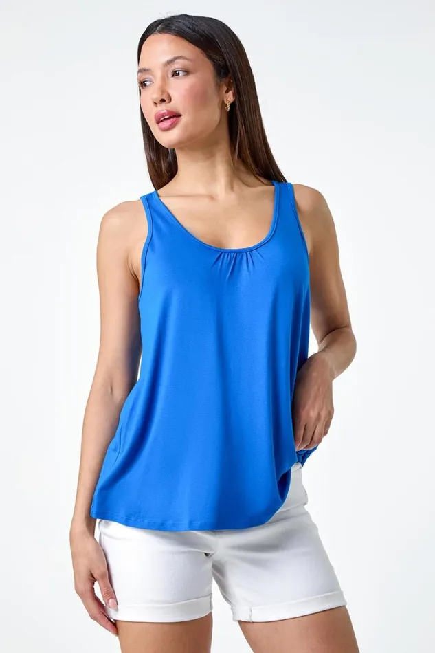 Women Royal Blue Plain VNeck Stretch Jersey Vest Top Roman Tops
