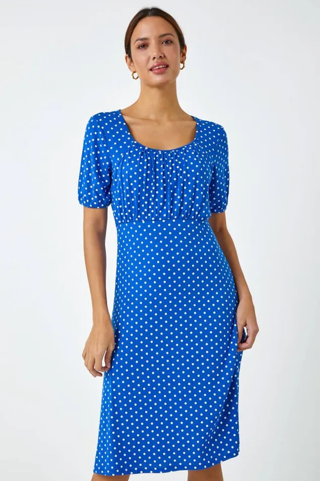 Women Royal Blue Polka Dot Print Stretch Dress Roman Dresses