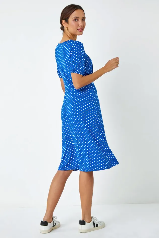 Women Royal Blue Polka Dot Print Stretch Dress Roman Dresses