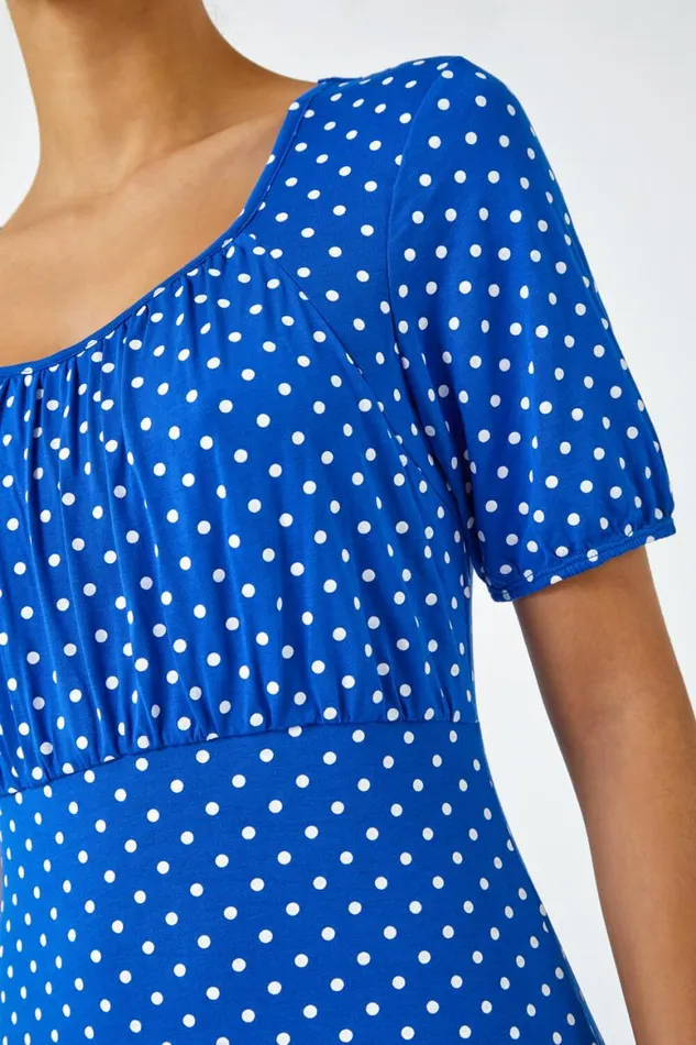 Women Royal Blue Polka Dot Print Stretch Dress Roman Dresses