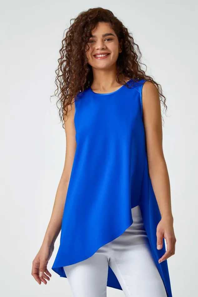 Women Royal Blue Sleeveless Asymmetric Satin Split Tunic Top Roman Tops
