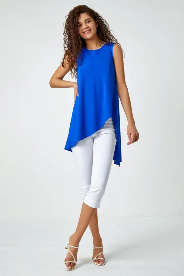 Women Royal Blue Sleeveless Asymmetric Satin Split Tunic Top Roman Tops
