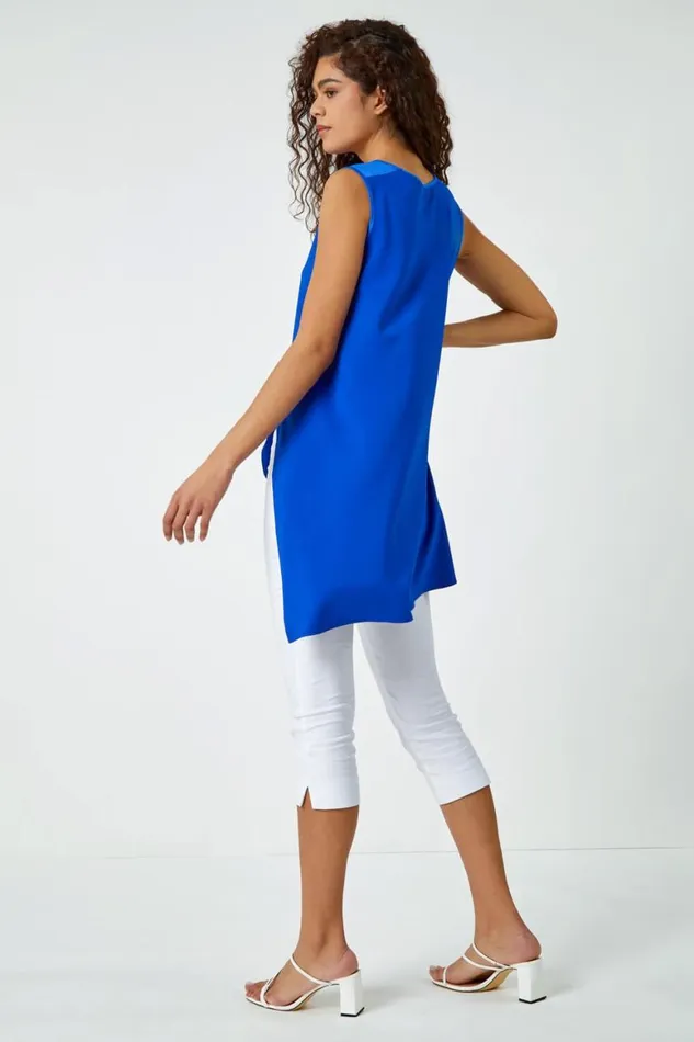 Women Royal Blue Sleeveless Asymmetric Satin Split Tunic Top Roman Tops