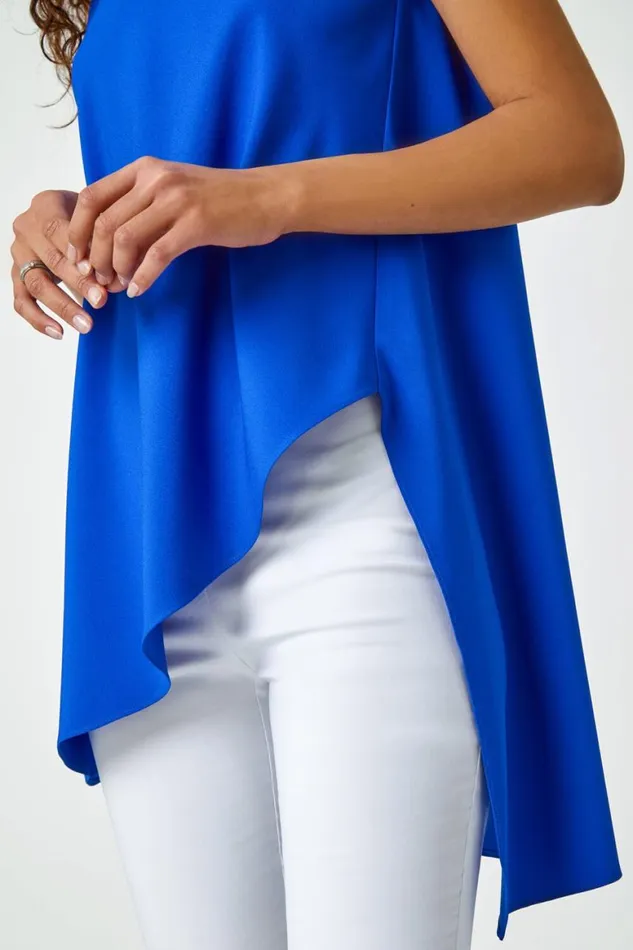 Women Royal Blue Sleeveless Asymmetric Satin Split Tunic Top Roman Tops