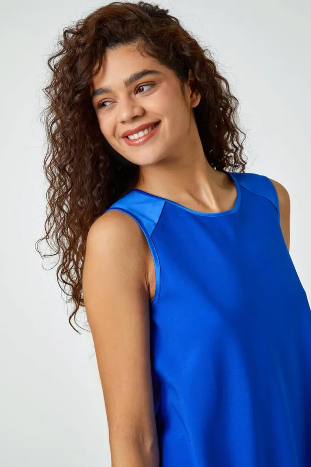 Women Royal Blue Sleeveless Asymmetric Satin Split Tunic Top Roman Tops