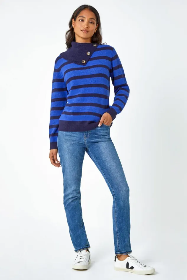 Women Royal Blue Stripe Cowl Neck Button Jumper Roman Knitwear