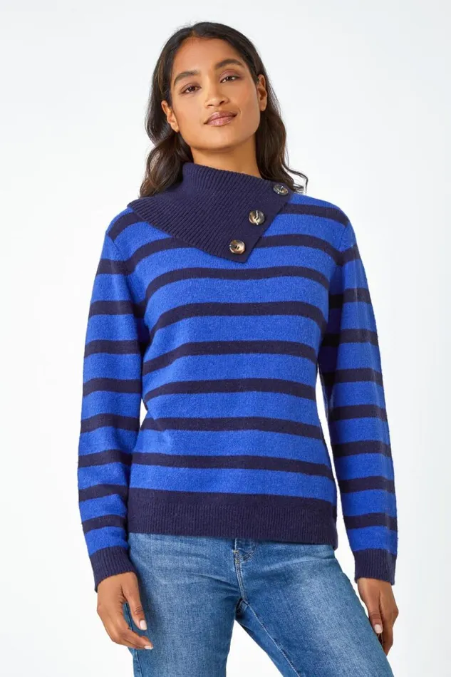 Women Royal Blue Stripe Cowl Neck Button Jumper Roman Knitwear