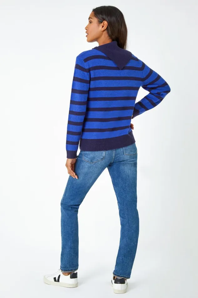Women Royal Blue Stripe Cowl Neck Button Jumper Roman Knitwear