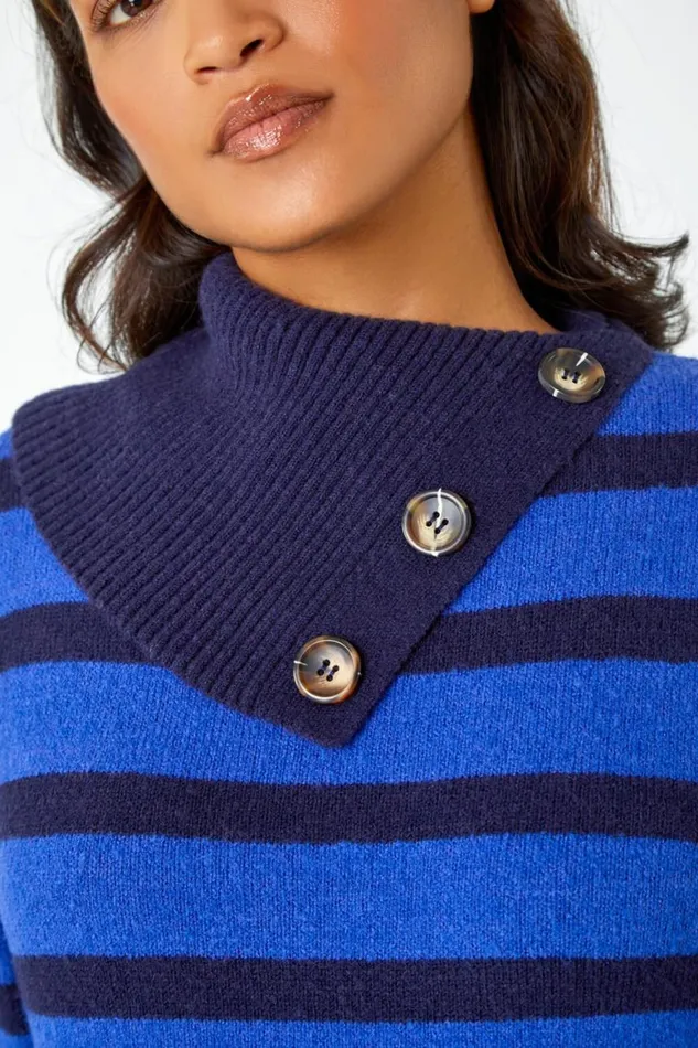 Women Royal Blue Stripe Cowl Neck Button Jumper Roman Knitwear