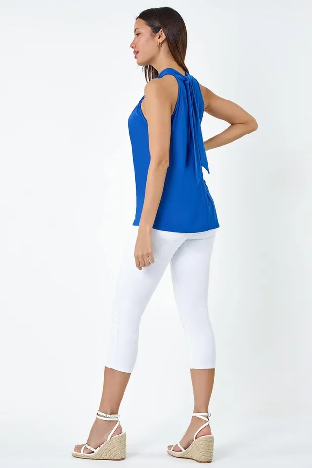 Women Royal Blue Twist Neck Tie Back Stretch Top Roman Tops