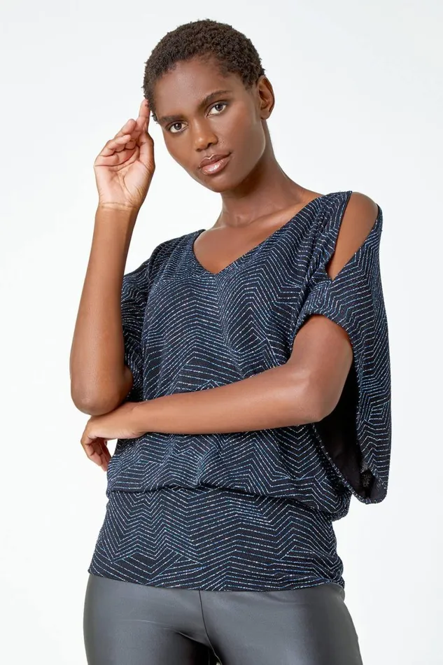 Women Royal Blue VNeck Cold Shoulder Glitter Blouson Top Roman Tops