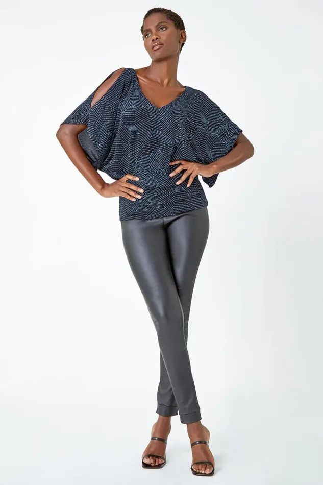 Women Royal Blue VNeck Cold Shoulder Glitter Blouson Top Roman Tops