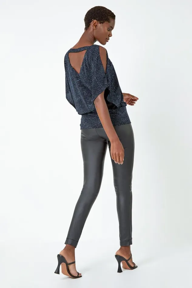 Women Royal Blue VNeck Cold Shoulder Glitter Blouson Top Roman Tops